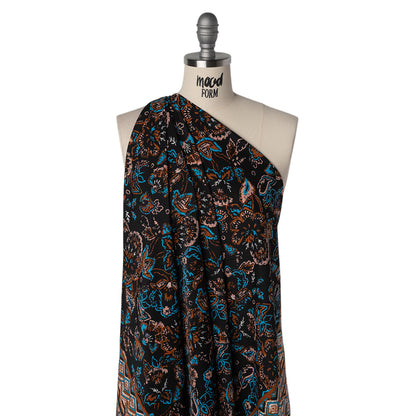 Satin-Faced Fluid Polyester Woven Print - Black, Russet Brown and Turquoise Blue Floral and Geometric Borders - Designer Deadstock