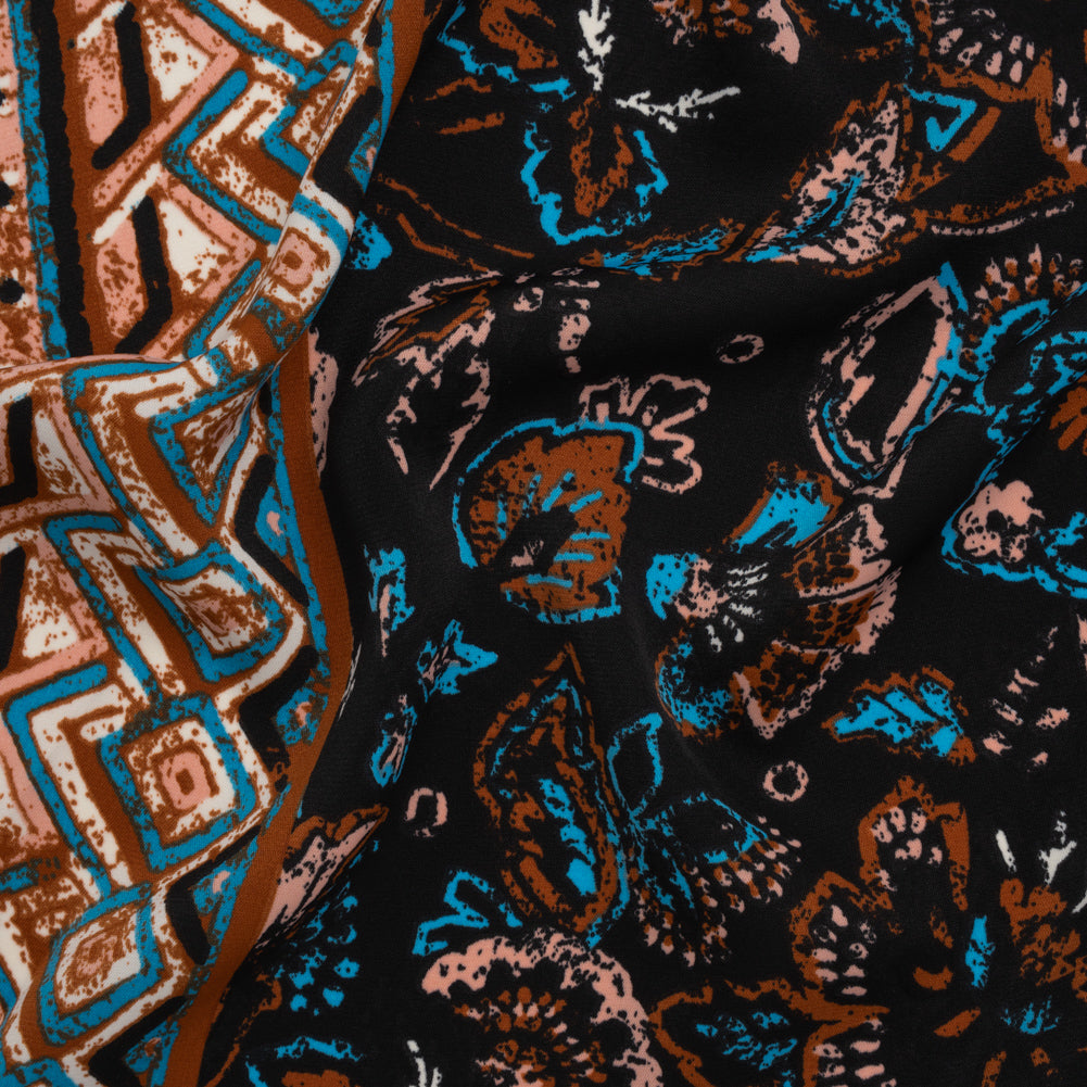 Satin-Faced Fluid Polyester Woven Print - Black, Russet Brown and Turquoise Blue Floral and Geometric Borders - Designer Deadstock