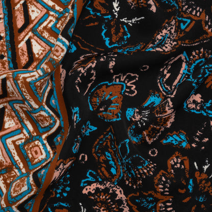 Satin-Faced Fluid Polyester Woven Print - Black, Russet Brown and Turquoise Blue Floral and Geometric Borders - Designer Deadstock