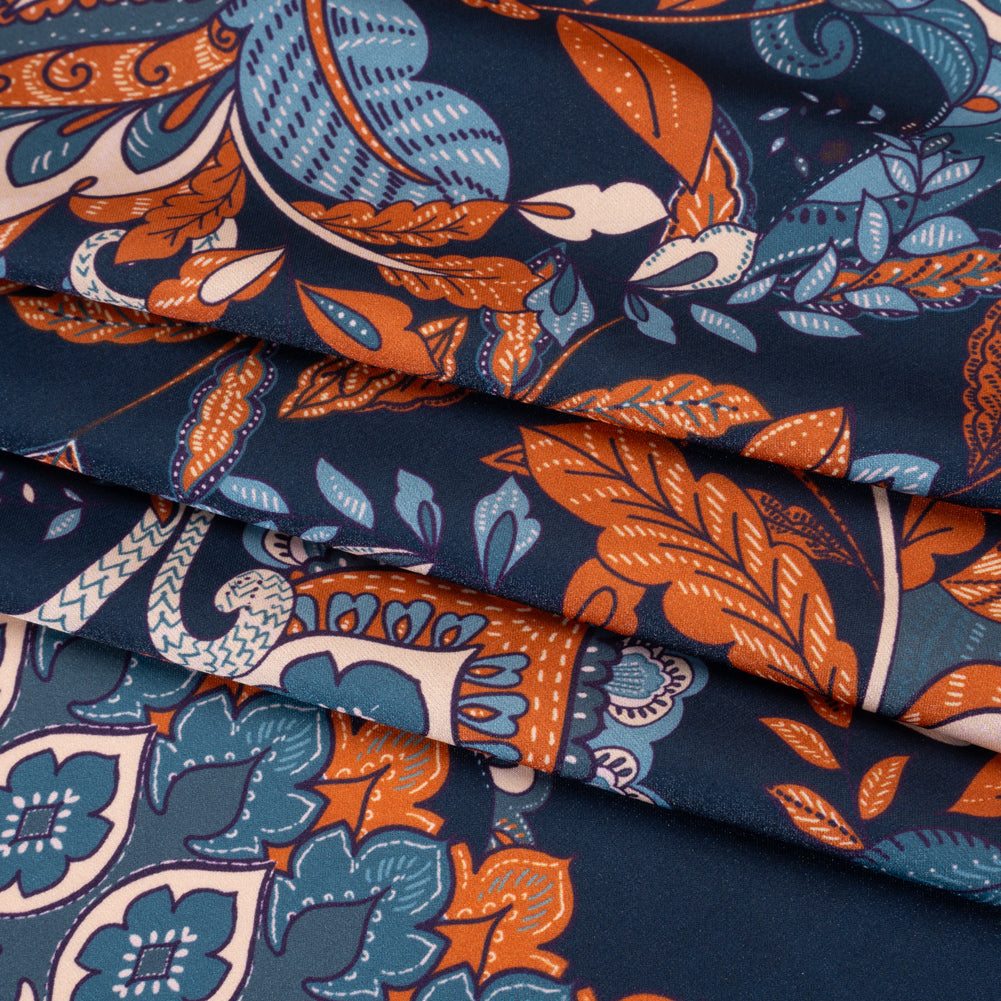 Stretch Polyester Charmeuse - Navy, Muted Teal and Orange Jacobean Florals - Designer Deadstock