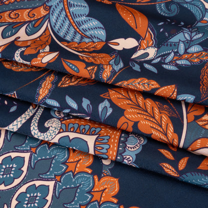 Stretch Polyester Charmeuse - Navy, Muted Teal and Orange Jacobean Florals - Designer Deadstock
