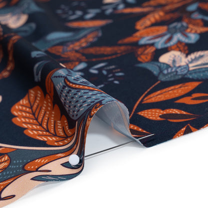 Stretch Polyester Charmeuse - Navy, Muted Teal and Orange Jacobean Florals - Designer Deadstock