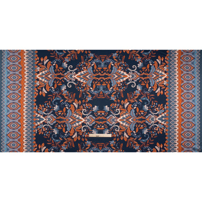 Stretch Polyester Charmeuse - Navy, Muted Teal and Orange Jacobean Florals - Designer Deadstock