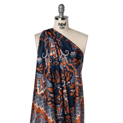 Stretch Polyester Charmeuse - Navy, Muted Teal and Orange Jacobean Florals - Designer Deadstock