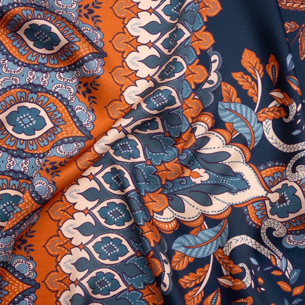 Stretch Polyester Charmeuse - Navy, Muted Teal and Orange Jacobean Florals - Designer Deadstock