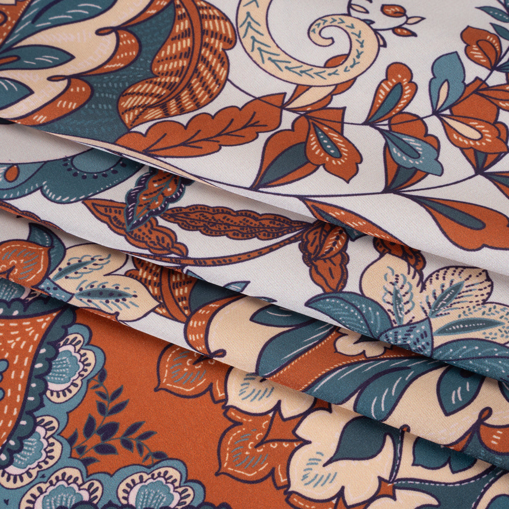 Polyester Charmeuse Print - Steel Blue, Burnt Orange and Cream Floral with Borders - Designer Deadstock