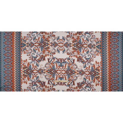 Polyester Charmeuse Print - Steel Blue, Burnt Orange and Cream Floral with Borders - Designer Deadstock