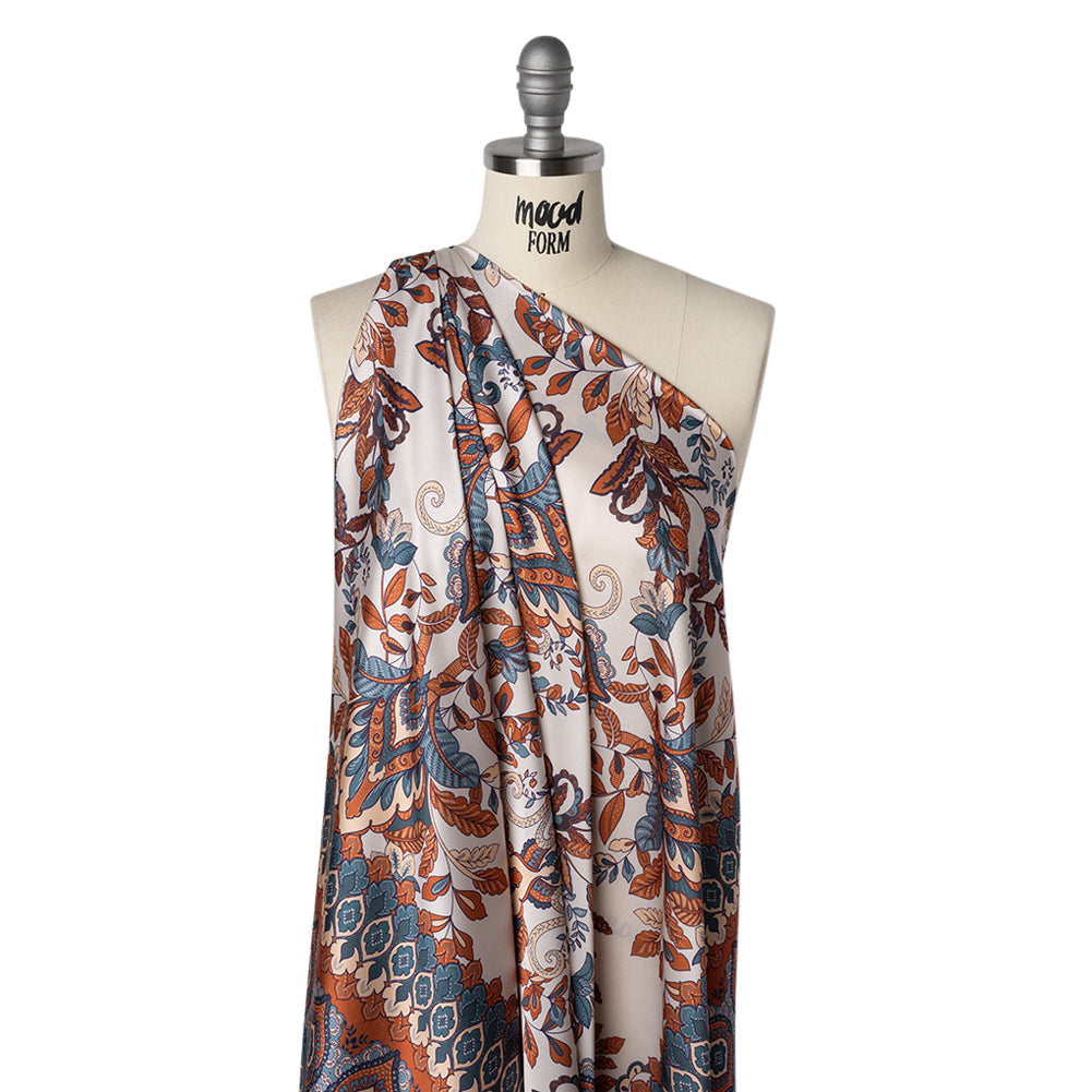 Polyester Charmeuse Print - Steel Blue, Burnt Orange and Cream Floral with Borders - Designer Deadstock