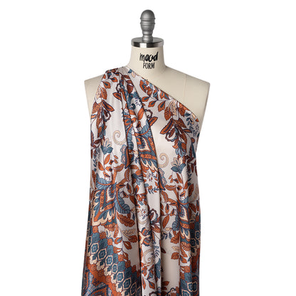 Polyester Charmeuse Print - Steel Blue, Burnt Orange and Cream Floral with Borders - Designer Deadstock
