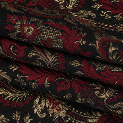 Metallic Polyester and Cotton Brocade - Dark Red, Gold and Black Damask - Designer Deadstock
