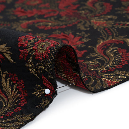 Metallic Polyester and Cotton Brocade - Dark Red, Gold and Black Damask - Designer Deadstock