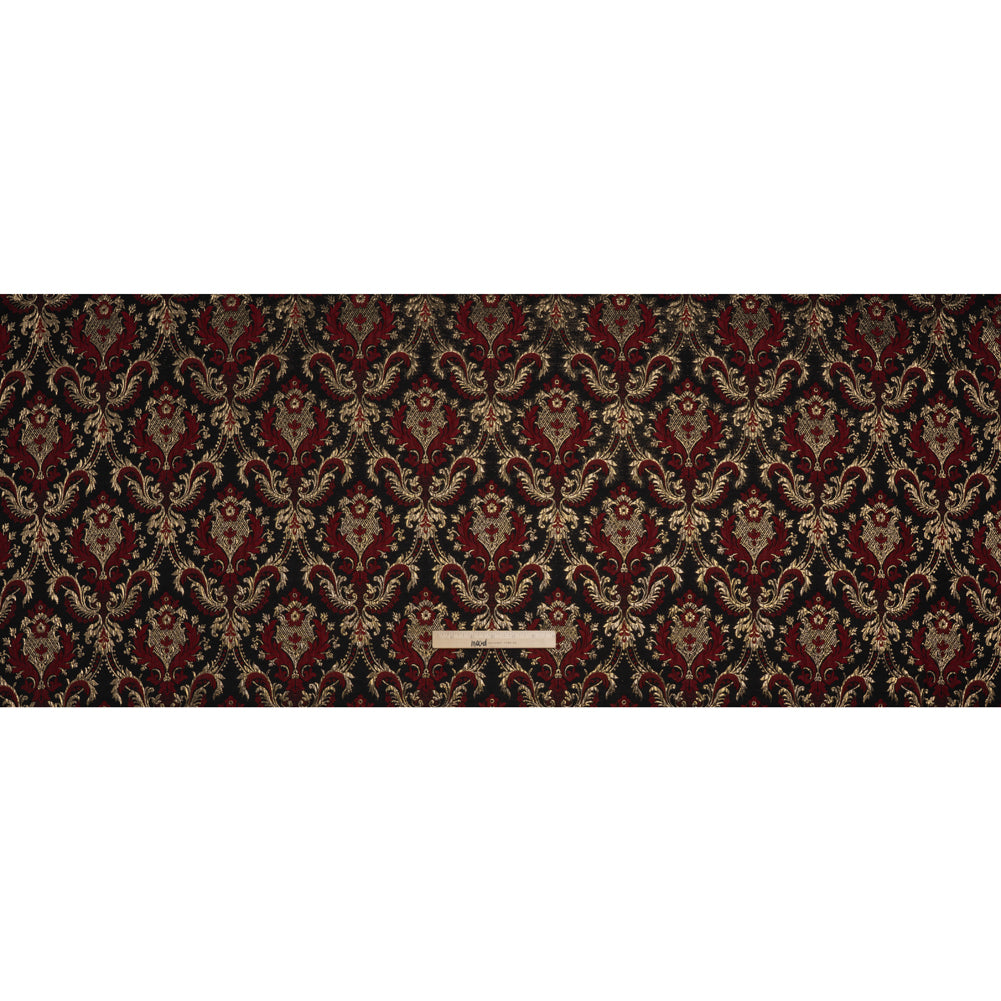 Metallic Polyester and Cotton Brocade - Dark Red, Gold and Black Damask - Designer Deadstock