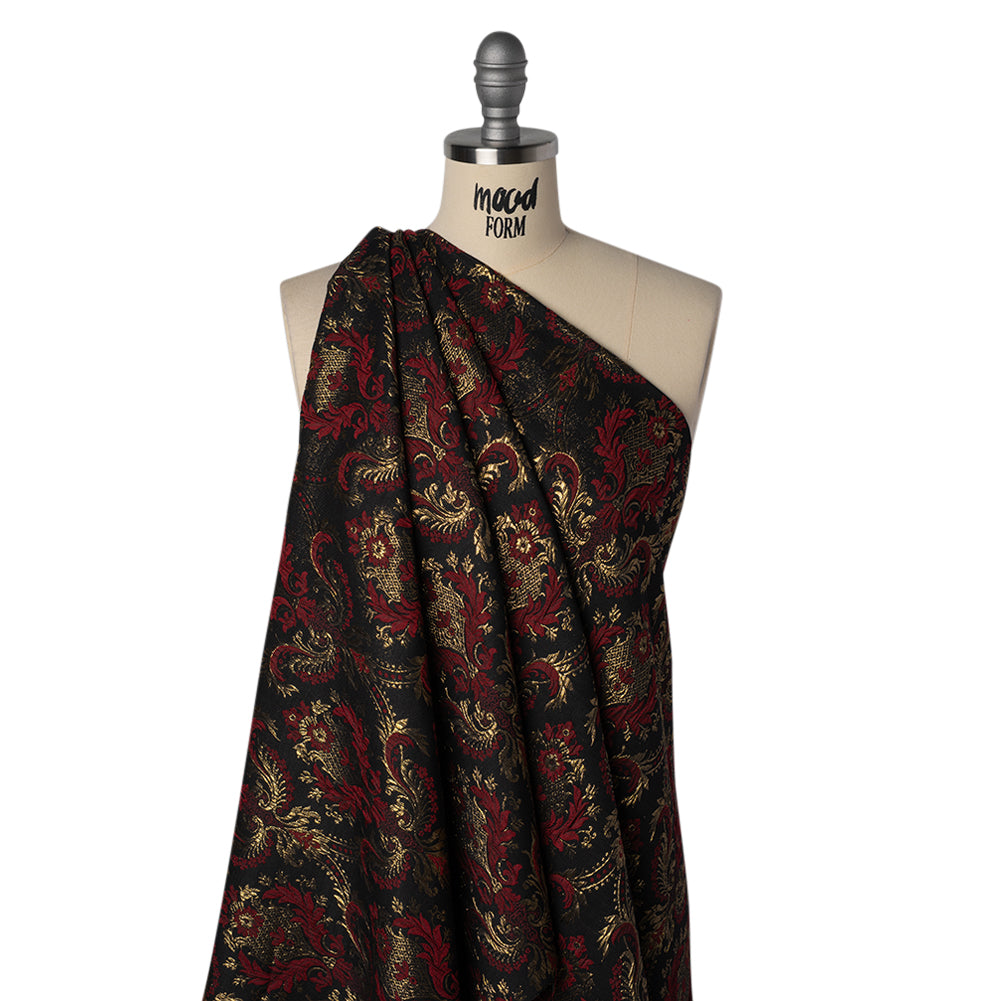 Metallic Polyester and Cotton Brocade - Dark Red, Gold and Black Damask - Designer Deadstock