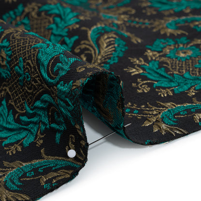 Metallic Polyester and Cotton Brocade - Teal, Black and Gold Damask - Designer Deadstock