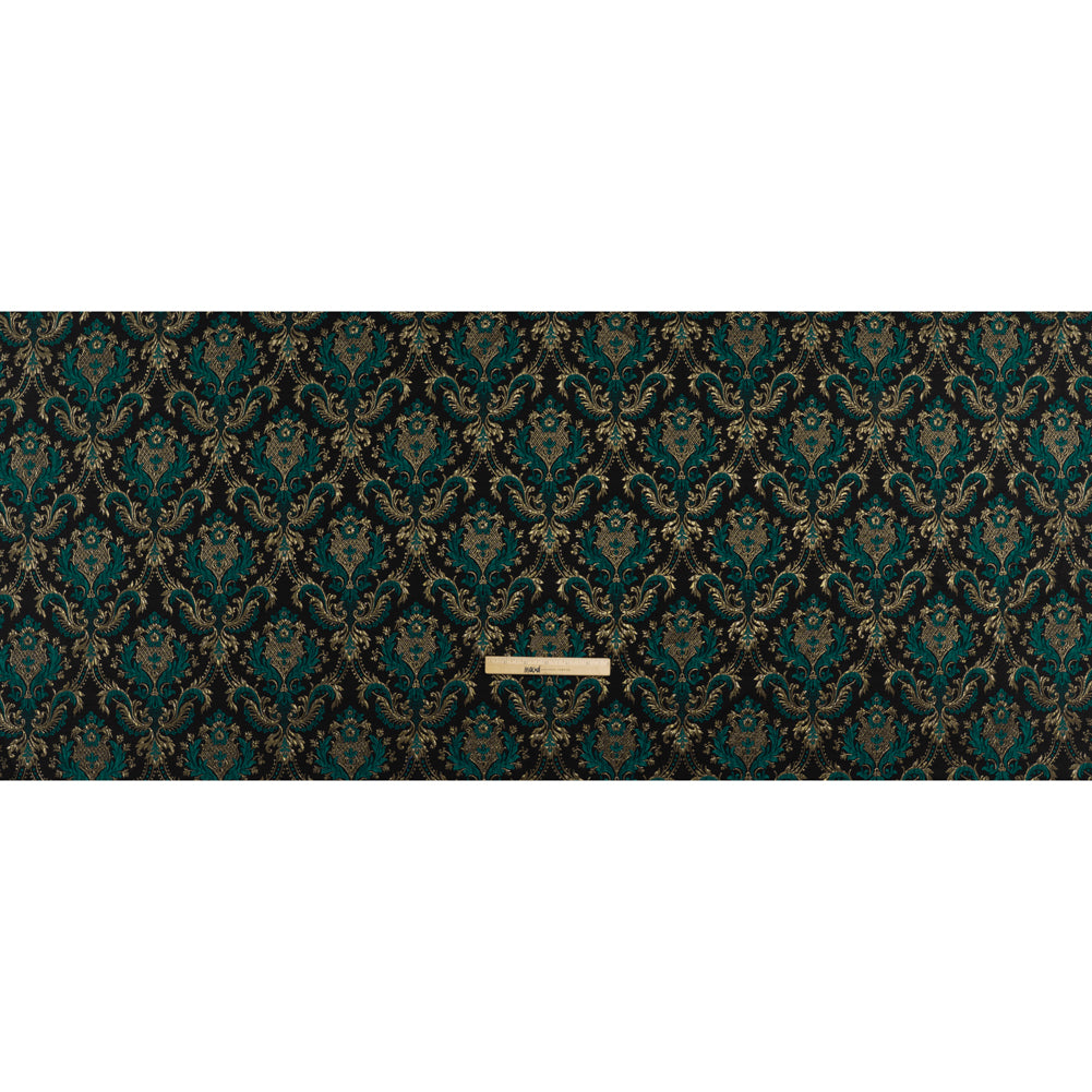 Metallic Polyester and Cotton Brocade - Teal, Black and Gold Damask - Designer Deadstock