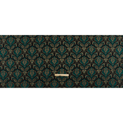 Metallic Polyester and Cotton Brocade - Teal, Black and Gold Damask - Designer Deadstock