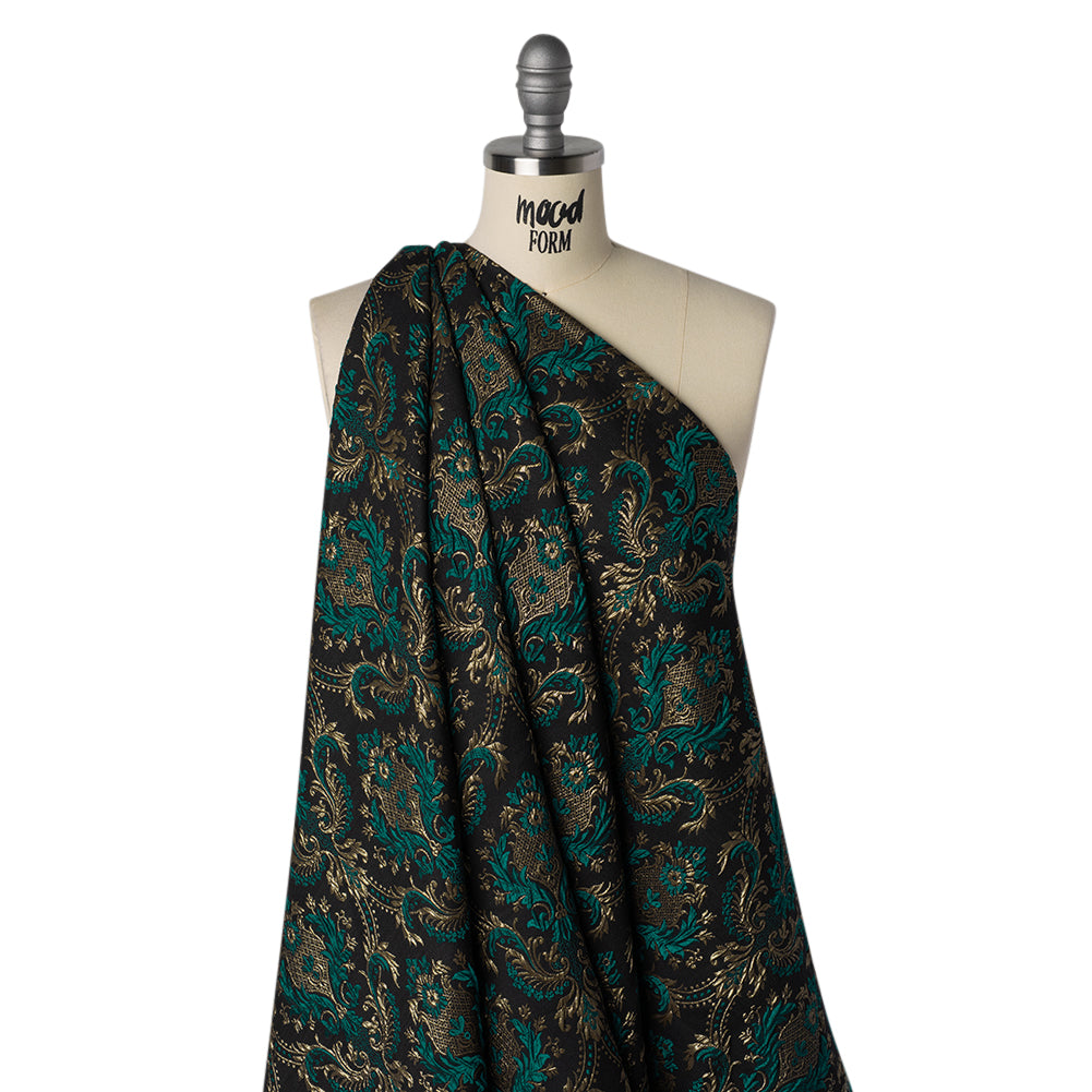 Metallic Polyester and Cotton Brocade - Teal, Black and Gold Damask - Designer Deadstock