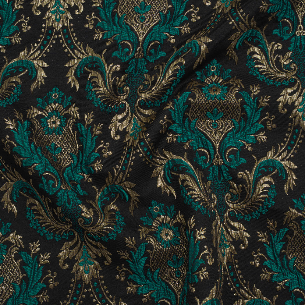 Metallic Polyester and Cotton Brocade - Teal, Black and Gold Damask - Designer Deadstock