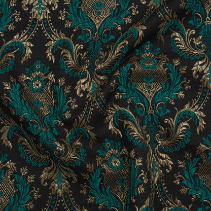Metallic Polyester and Cotton Brocade - Teal, Black and Gold Damask - Designer Deadstock
