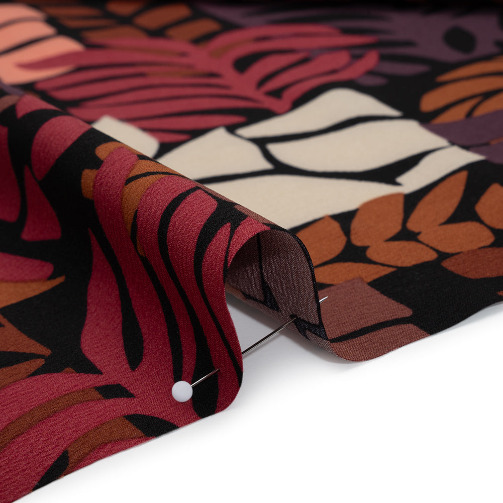 Stretch Polyester Crepe Print - Berry Red, Dark Plum and Brown Blocks and Leaves - Designer Deadstock