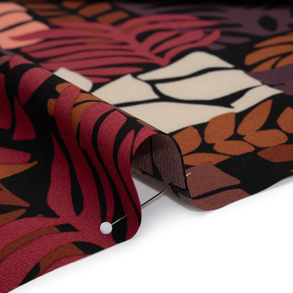 Stretch Polyester Crepe Print - Berry Red, Dark Plum and Brown Blocks and Leaves - Designer Deadstock