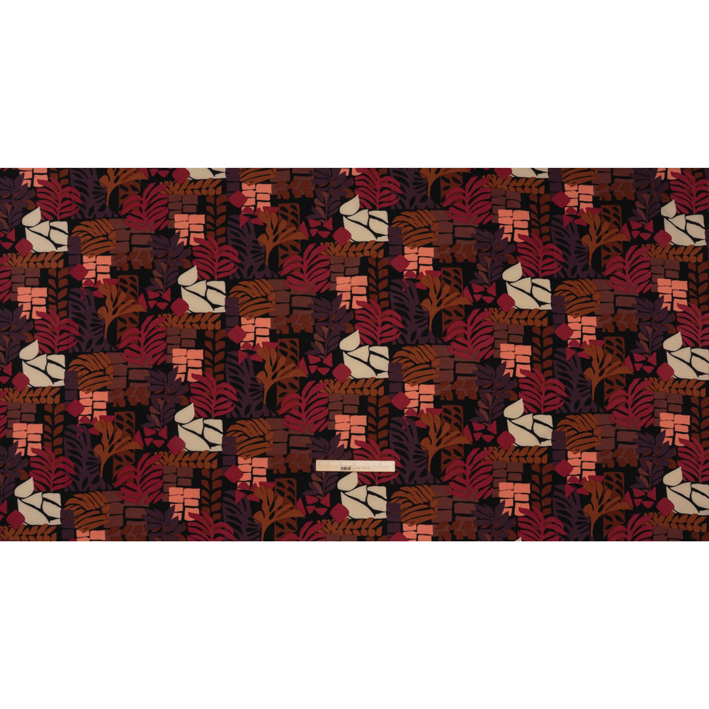 Stretch Polyester Crepe Print - Berry Red, Dark Plum and Brown Blocks and Leaves - Designer Deadstock