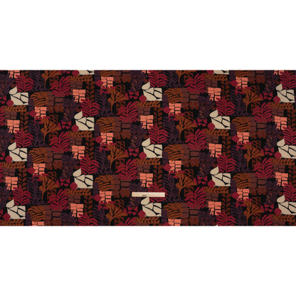 Stretch Polyester Crepe Print - Berry Red, Dark Plum and Brown Blocks and Leaves - Designer Deadstock