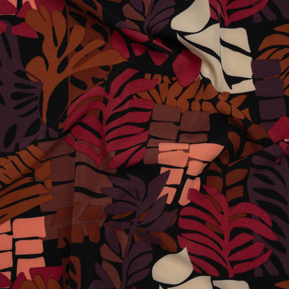 Stretch Polyester Crepe Print - Berry Red, Dark Plum and Brown Blocks and Leaves - Designer Deadstock