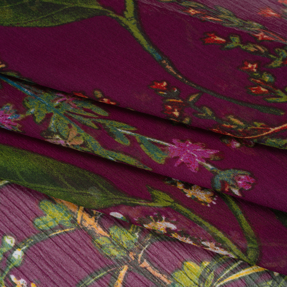 Crinkled Polyester Chiffon Print - Plum, Green and Yellow Floral - Designer Deadstock Folded
