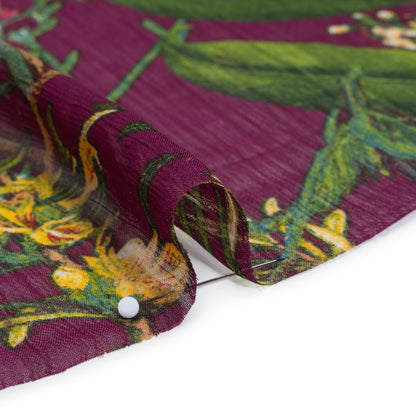 Crinkled Polyester Chiffon Print - Plum, Green and Yellow Floral - Designer Deadstock Detail