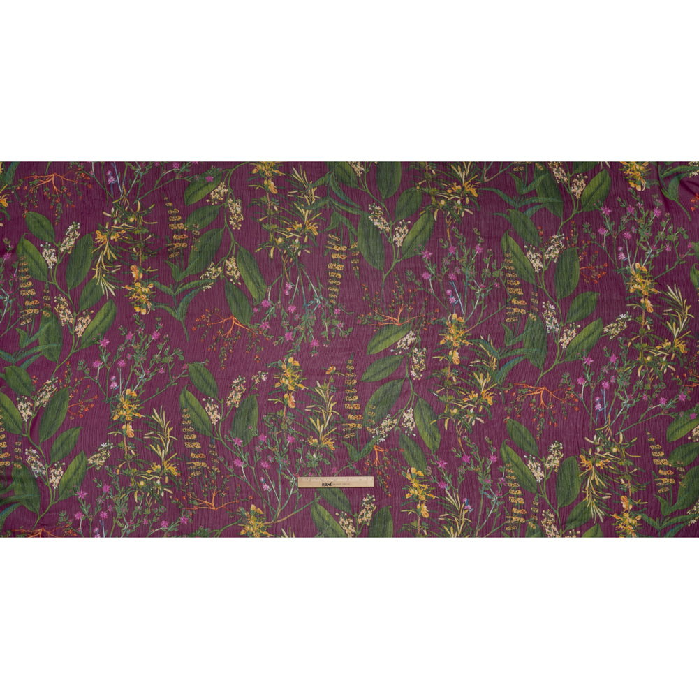 Crinkled Polyester Chiffon Print - Plum, Green and Yellow Floral - Designer Deadstock - Full