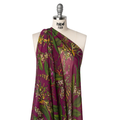 Crinkled Polyester Chiffon Print - Plum, Green and Yellow Floral - Designer Deadstock Drape