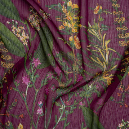 Crinkled Polyester Chiffon Print - Plum, Green and Yellow Floral - Designer Deadstock