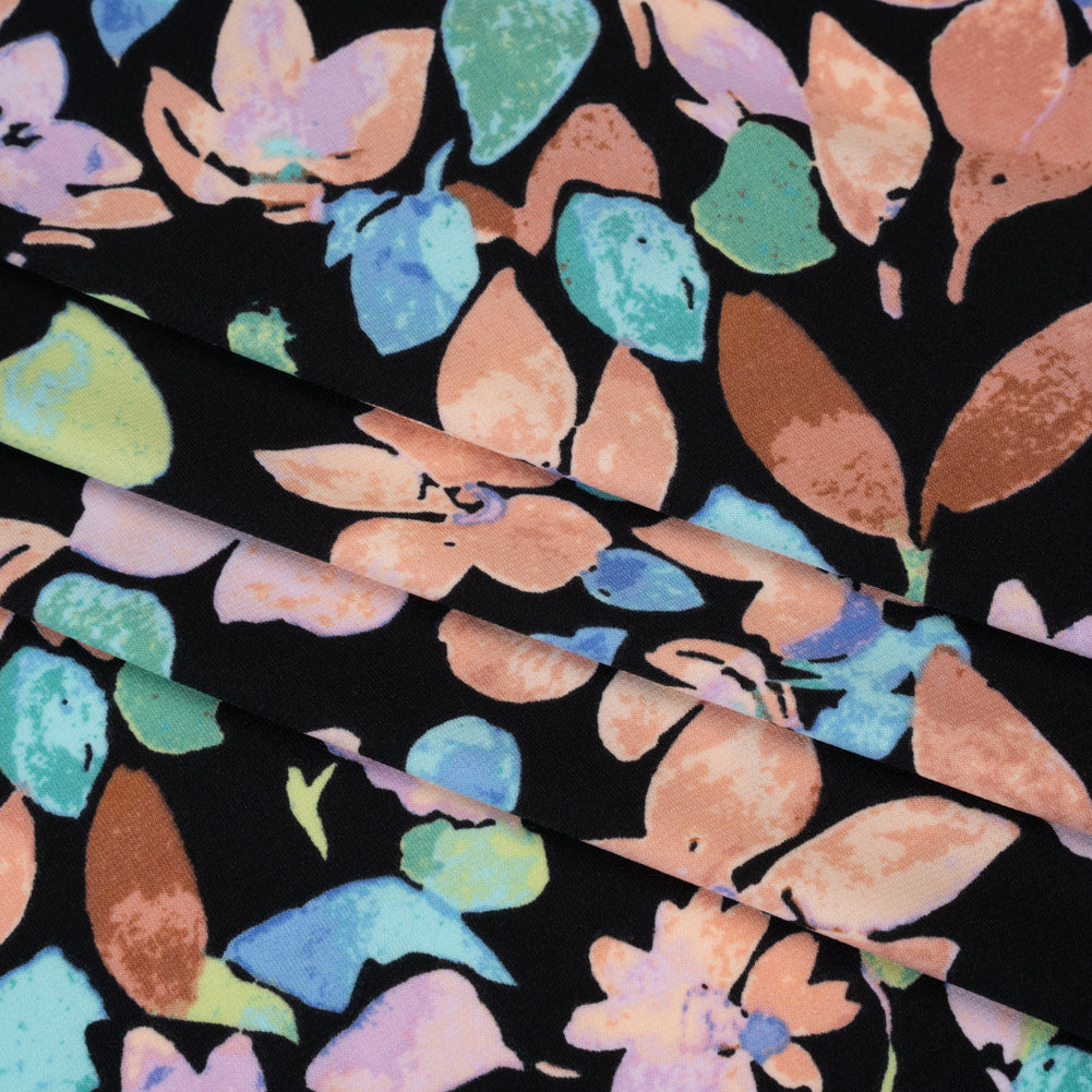 Stretch Polyester Jersey Print - Orange, Blue and Green Watercolor Flowers on Black - Designer Deadstock