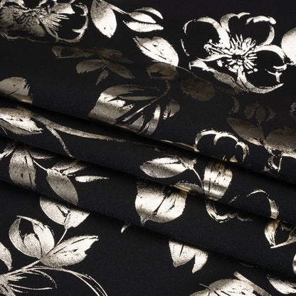 Metallic Stretch Polyester Scuba Knit Print - Black and Gold Floral - Designer Deadstock Folded