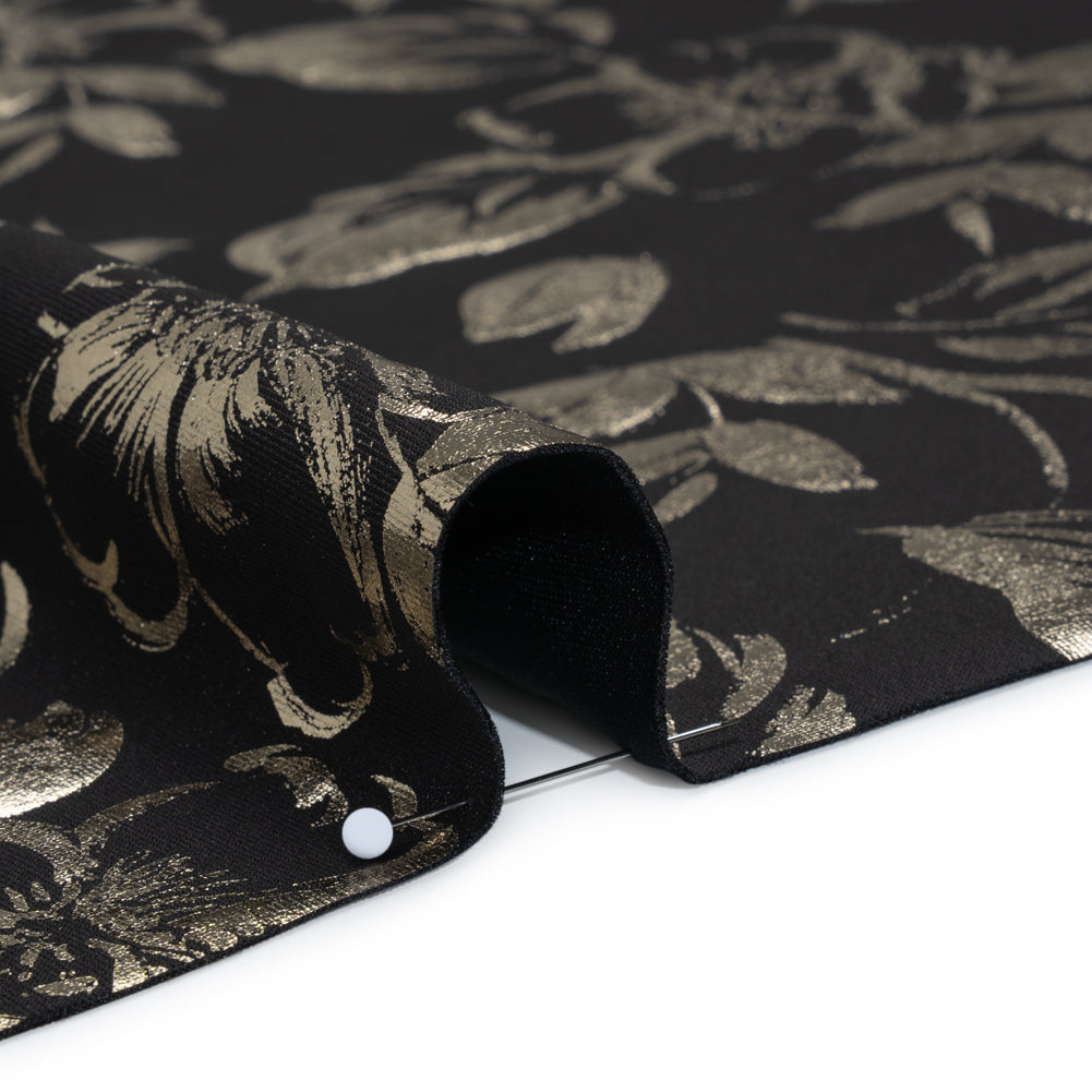 Metallic Stretch Polyester Scuba Knit Print - Black and Gold Floral - Designer Deadstock Detail
