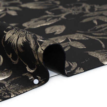 Metallic Stretch Polyester Scuba Knit Print - Black and Gold Floral - Designer Deadstock Detail