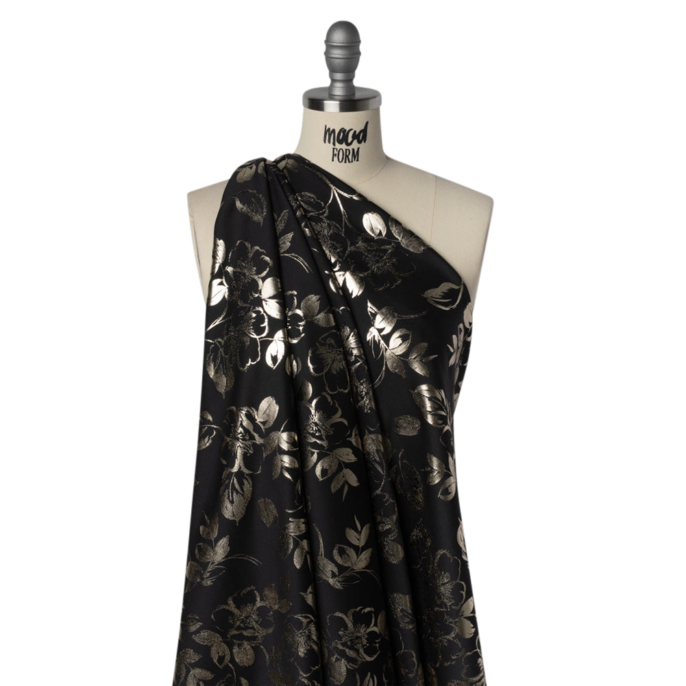 Metallic Stretch Polyester Scuba Knit Print - Black and Gold Floral - Designer Deadstock Drape
