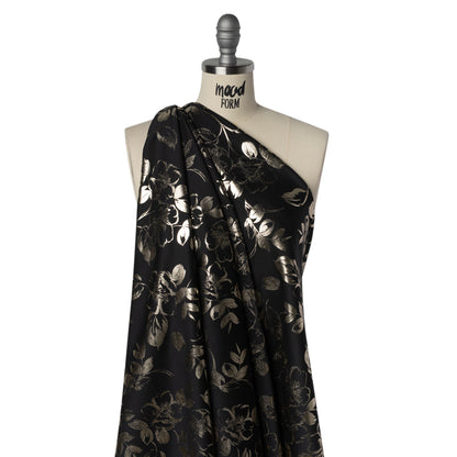 Metallic Stretch Polyester Scuba Knit Print - Black and Gold Floral - Designer Deadstock Drape