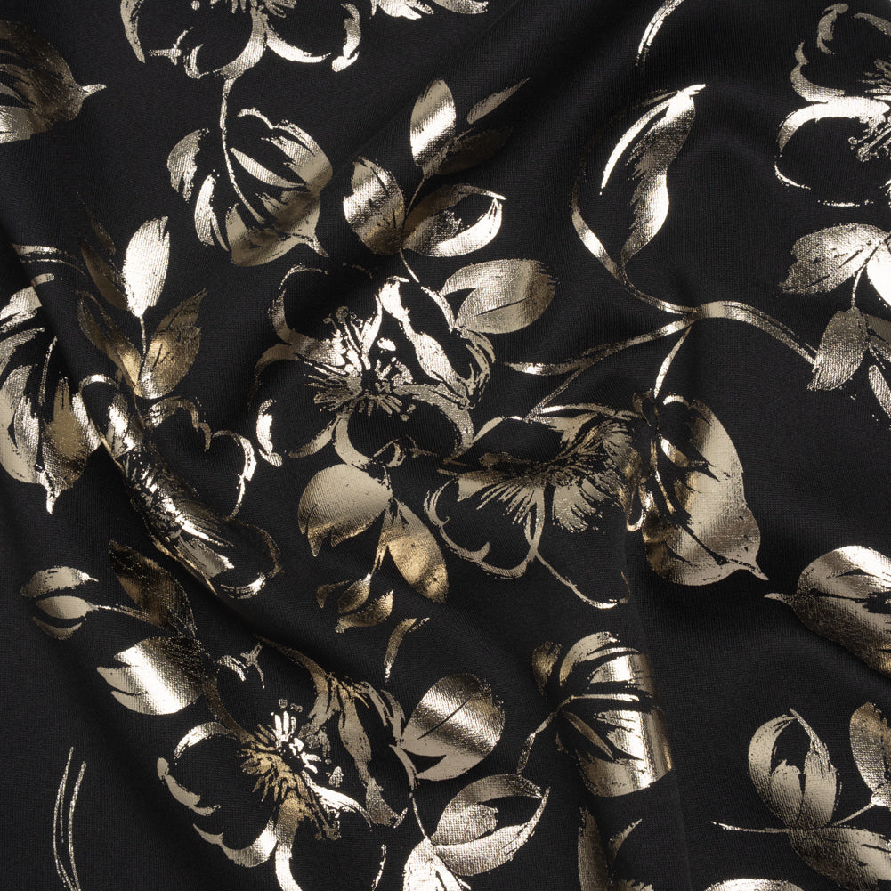Metallic Stretch Polyester Scuba Knit Print - Black and Gold Floral - Designer Deadstock