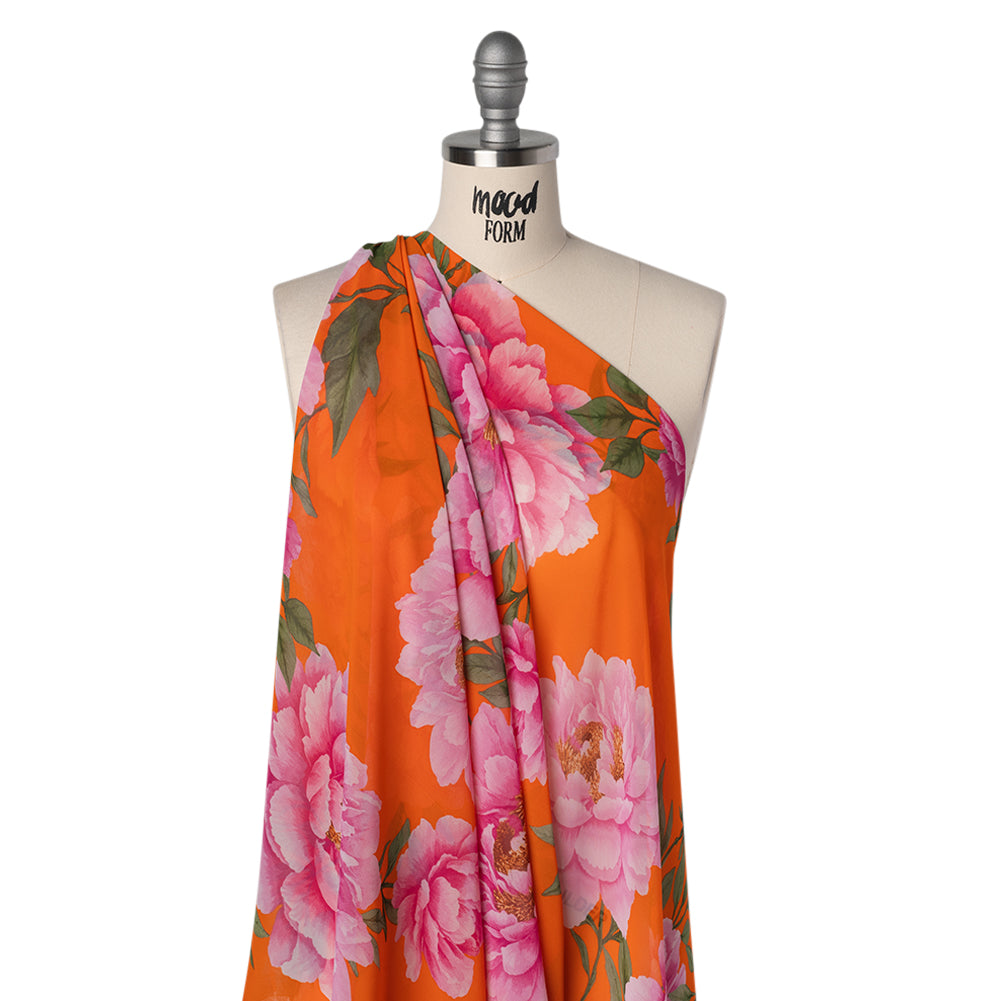 Polyester Chiffon Print - Pink and Orange Floral - Designer Deadstock