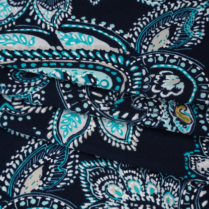Stretch Polyester Tricot with Puff Print Details - Navy, Teal and White Paisley with Borders - Designer Deadstock