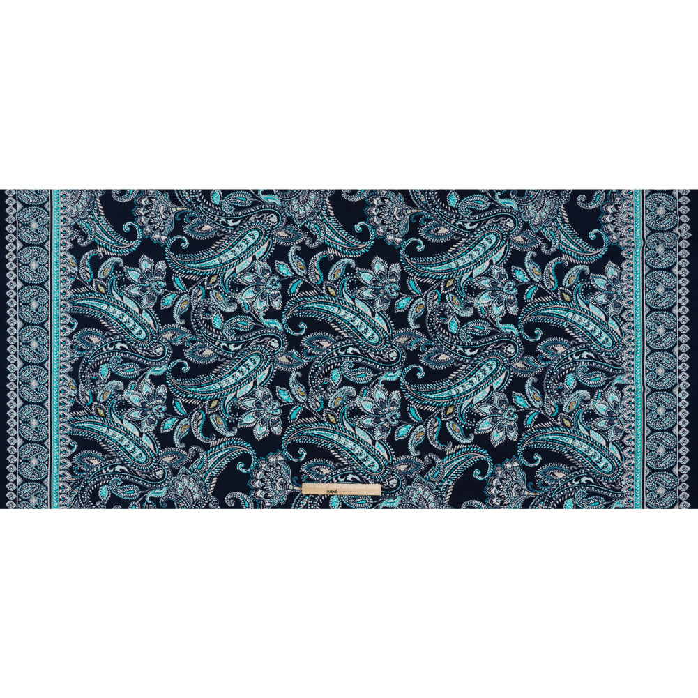 Stretch Polyester Tricot with Puff Print Details - Navy, Teal and White Paisley with Borders - Designer Deadstock