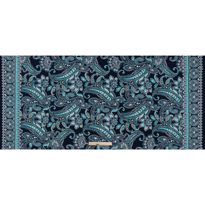 Stretch Polyester Tricot with Puff Print Details - Navy, Teal and White Paisley with Borders - Designer Deadstock