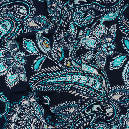 Stretch Polyester Tricot with Puff Print Details - Navy, Teal and White Paisley with Borders - Designer Deadstock