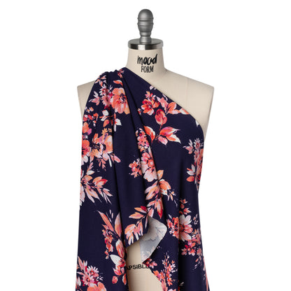 Stretch Polyester Crepe Double Knit - Navy Blue, Pink and Peach Floral - Designer Deadstock