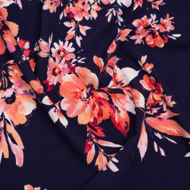 Stretch Polyester Crepe Double Knit - Navy Blue, Pink and Peach Floral - Designer Deadstock