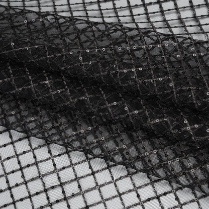 Embroidered Lace Tulle with Baby Sequins - Black and Gunmetal Grid - Designer Deadstock