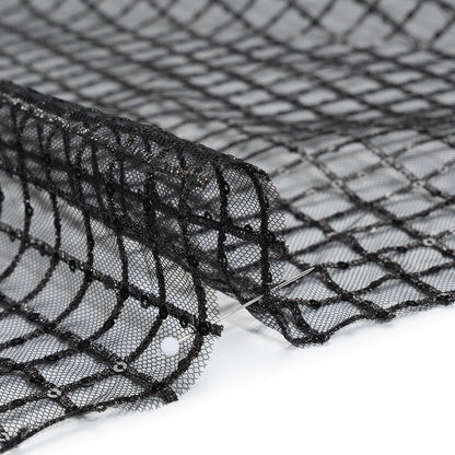 Embroidered Lace Tulle with Baby Sequins - Black and Gunmetal Grid - Designer Deadstock