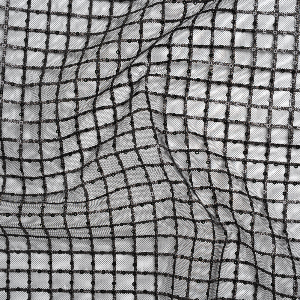 Embroidered Lace Tulle with Baby Sequins - Black and Gunmetal Grid - Designer Deadstock
